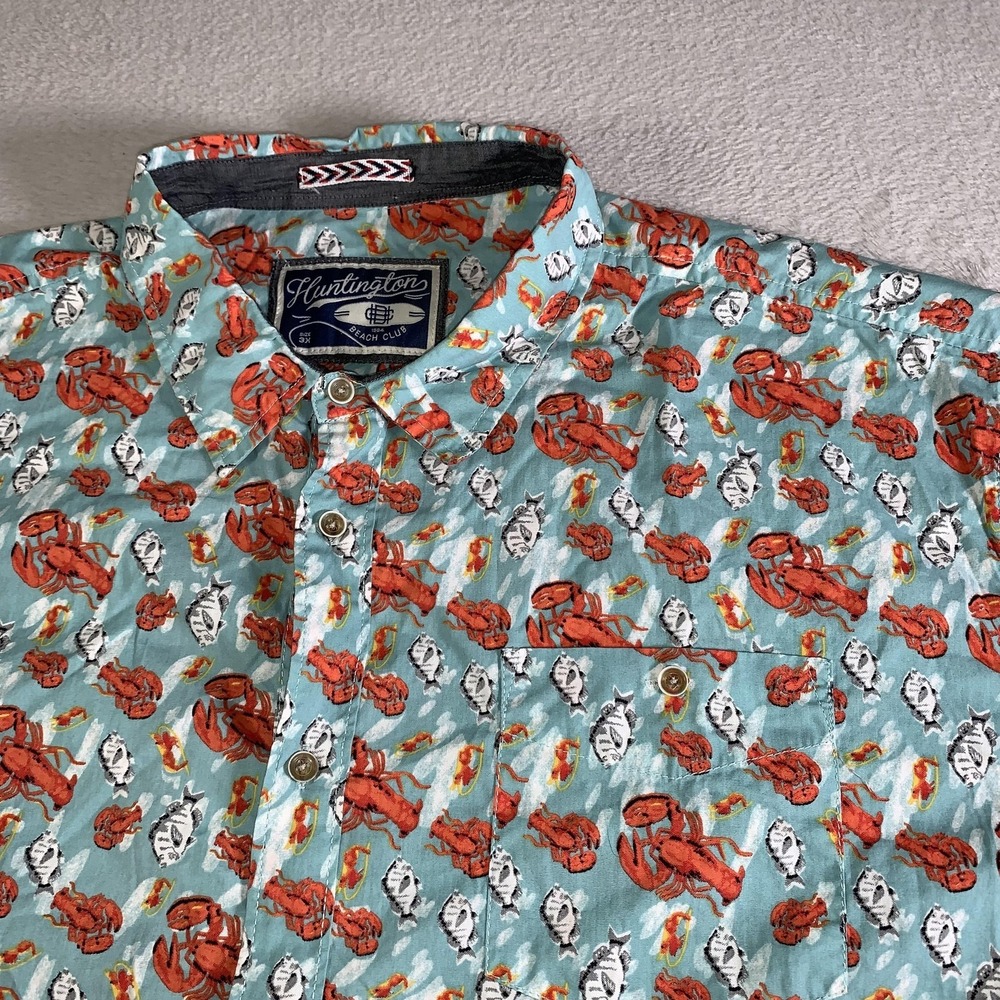 Huntington Shirt Mens 3XL Blue Lobster Fish Short Sleeve Button Up‎ Nautical